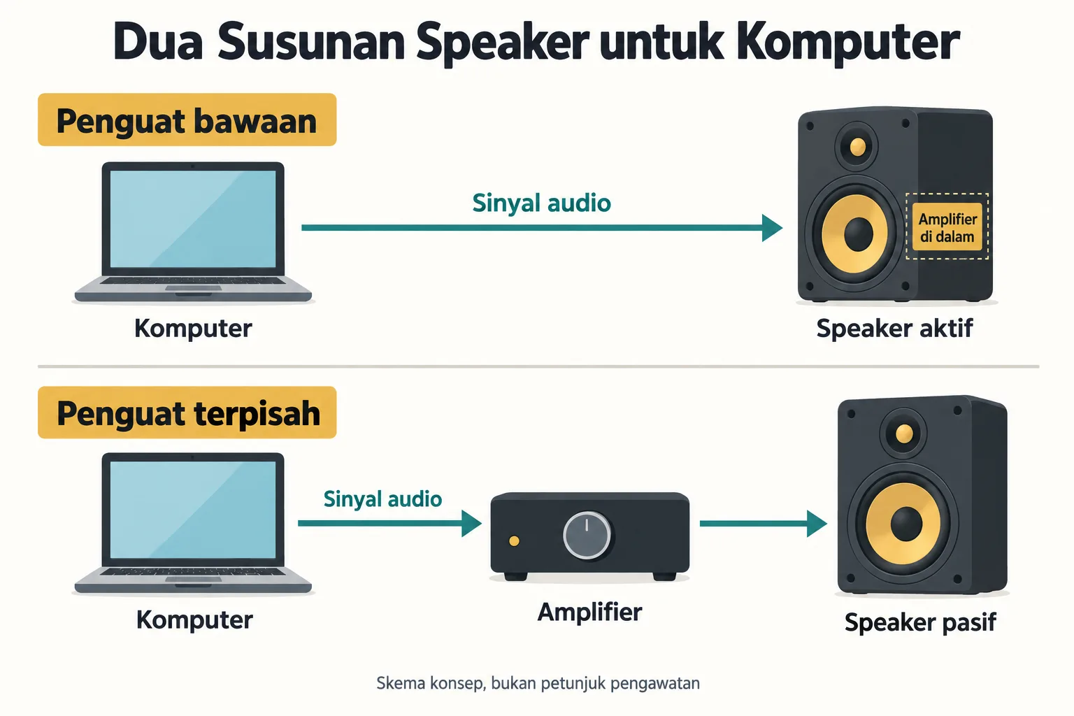 Diagram perbandingan sistem speaker berpenguat bawaan dan speaker pasif dengan amplifier terpisah untuk komputer.