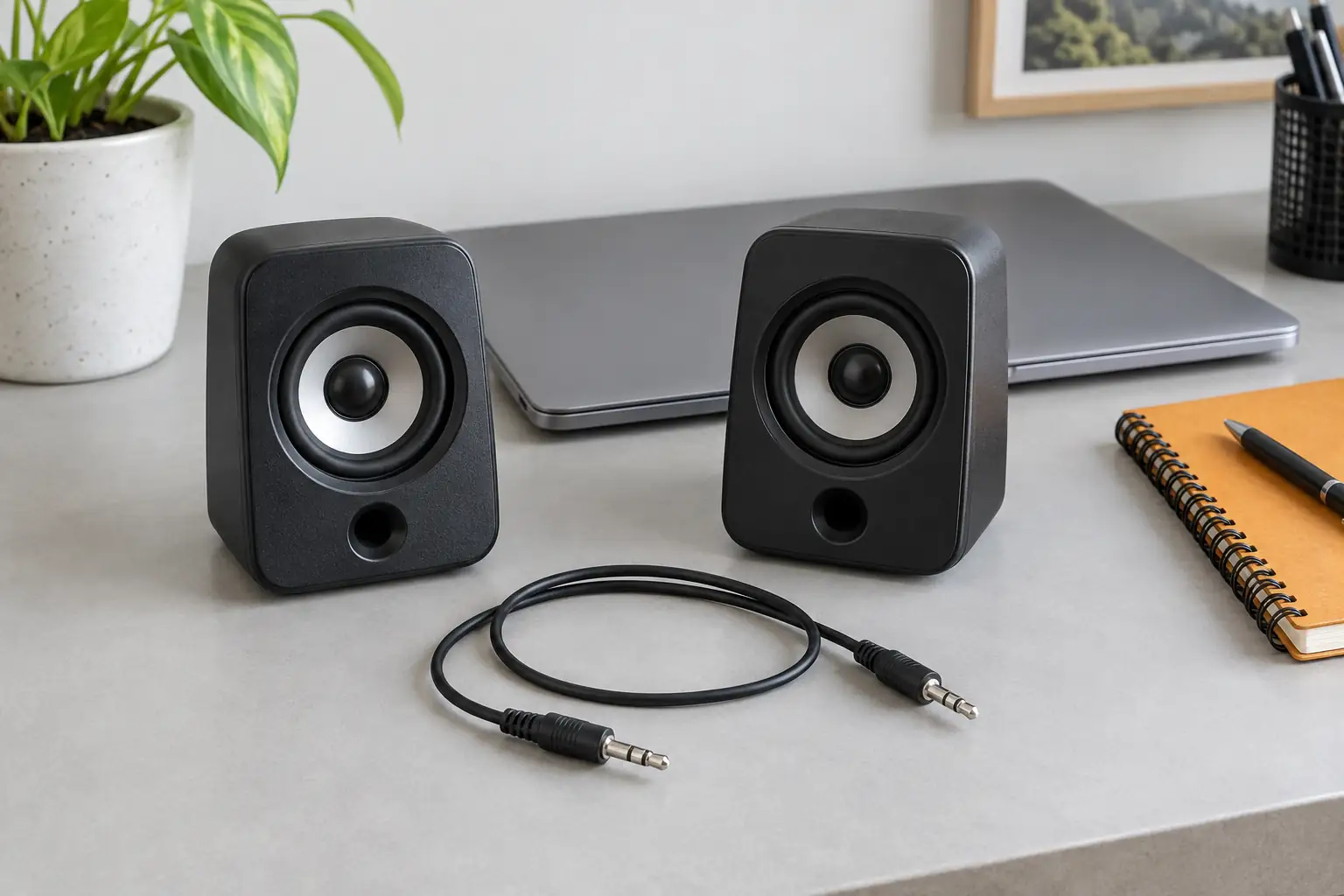 Ilustrasi AI dua speaker komputer dan kabel audio terlepas.