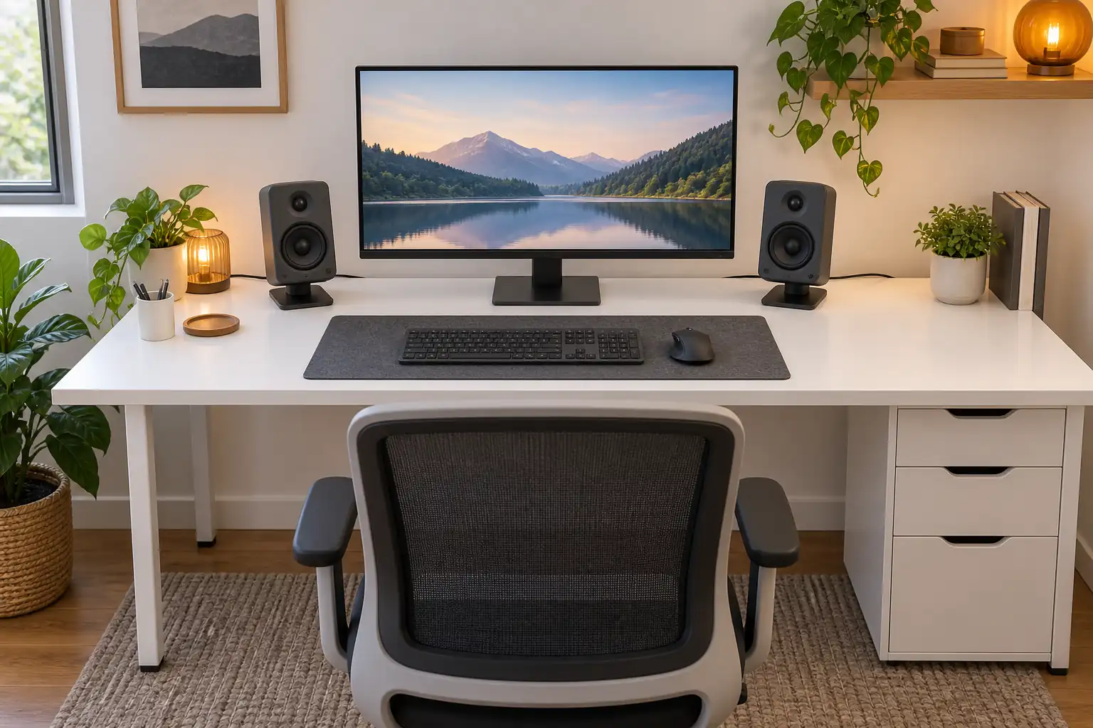 Ilustrasi AI dua speaker di kiri dan kanan monitor pada meja komputer.